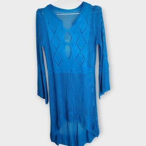 Kingspinner Womens Coverup Sz M Crochet Knit Swim Beach Dress Turquoise Bohemian
